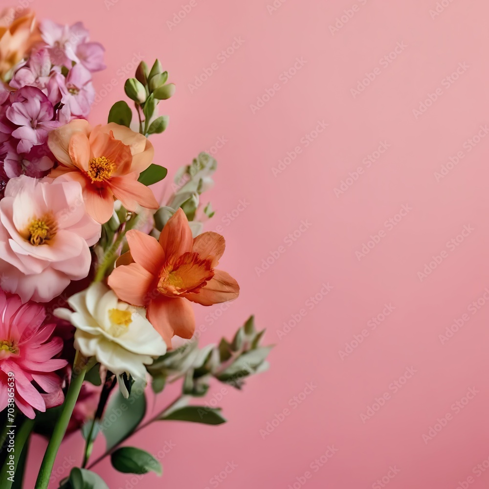 bouquet of flowers on a bright pink background with space for text. template for card, banner.