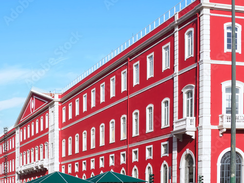 Santa Apolonia station in Lisbon with a shining red facade