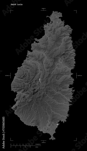 Saint Lucia shape isolated on black. Grayscale elevation map photo
