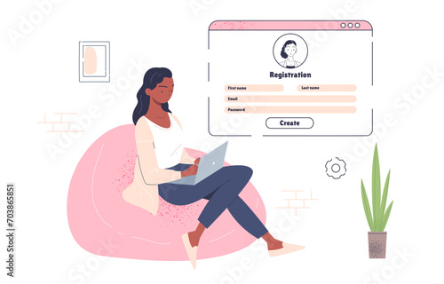 Registration at website doodle. Woman with laptop apply personal data to webpage. Process of creating profile or account in social networks and messengers. Linear flat vector illustration