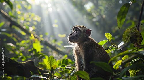 Immerse yourself in the untamed beauty of a jungle as a wild monkey roams freely a captivating glimpse into the heart of its natural home. Ai generated photo