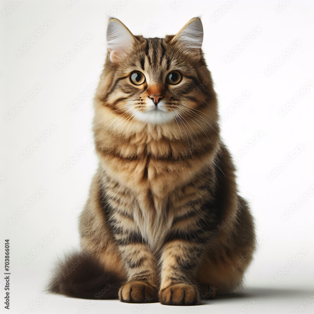 Whiskered Poise: Studio Portrait Captures Sitting Tabby Cat in Thought, Set Against a Pure White Canvas.