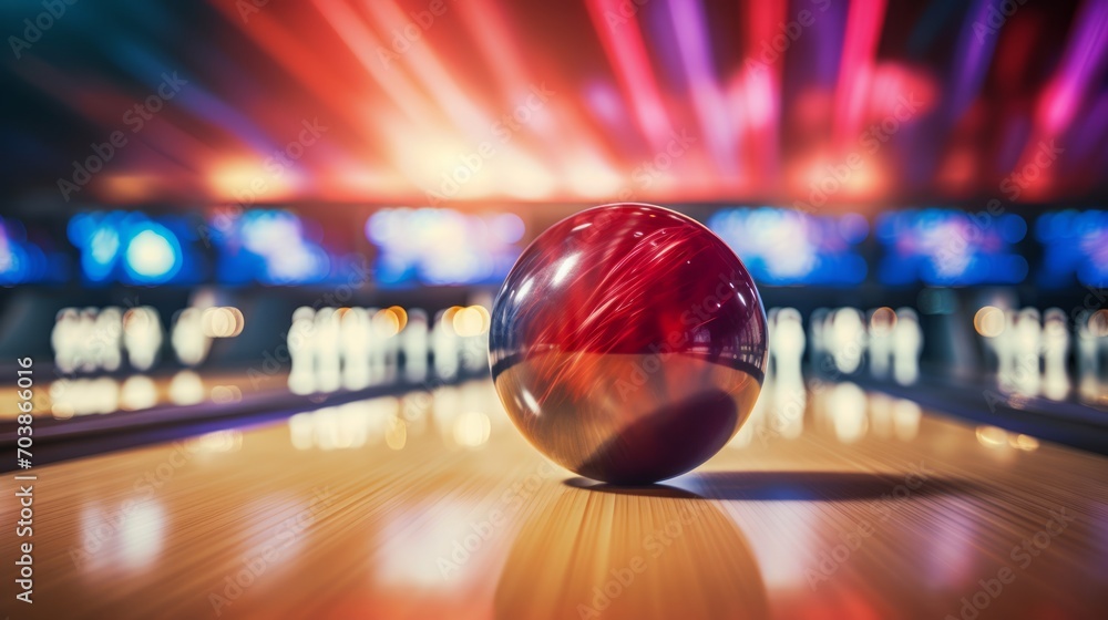 Bowling Ball on Alley with Vibrant Neon Lights