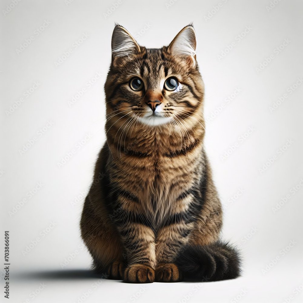 Pawspective Focus: Tabby Cat Sits Majestically, Fixated on the Studio Lens Against a White Background. Pawspective Focus: Tabby Cat Sits Majestically, Fixated on the Studio Lens Against a White Background.