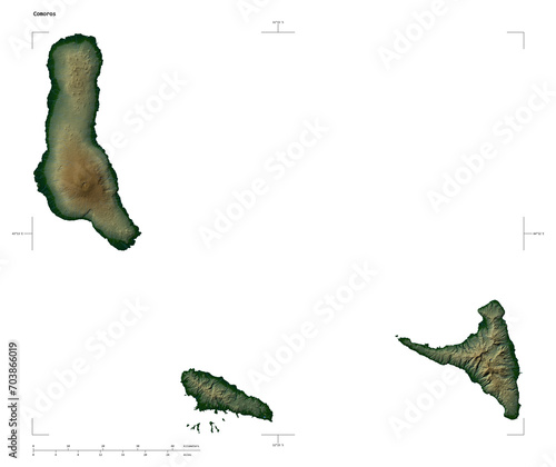 Comoros shape isolated on white. Physical elevation map