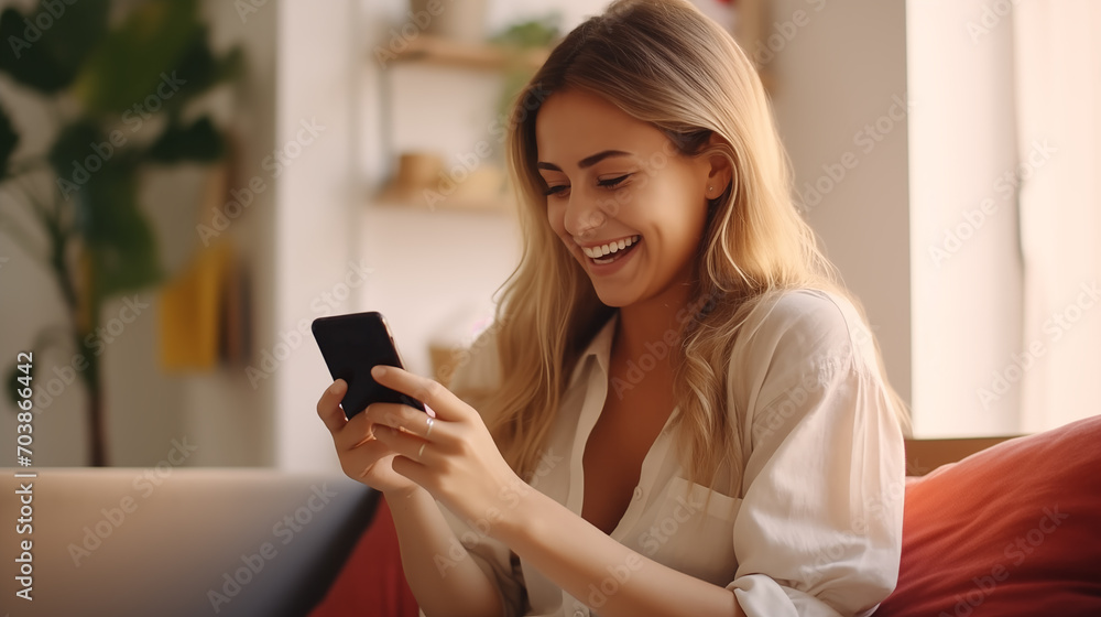 Young woman happily typing communicates on the phone Young woman happily typing communicates on the phone
