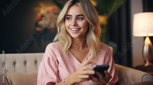 Young woman joyfully writes a message on her phone