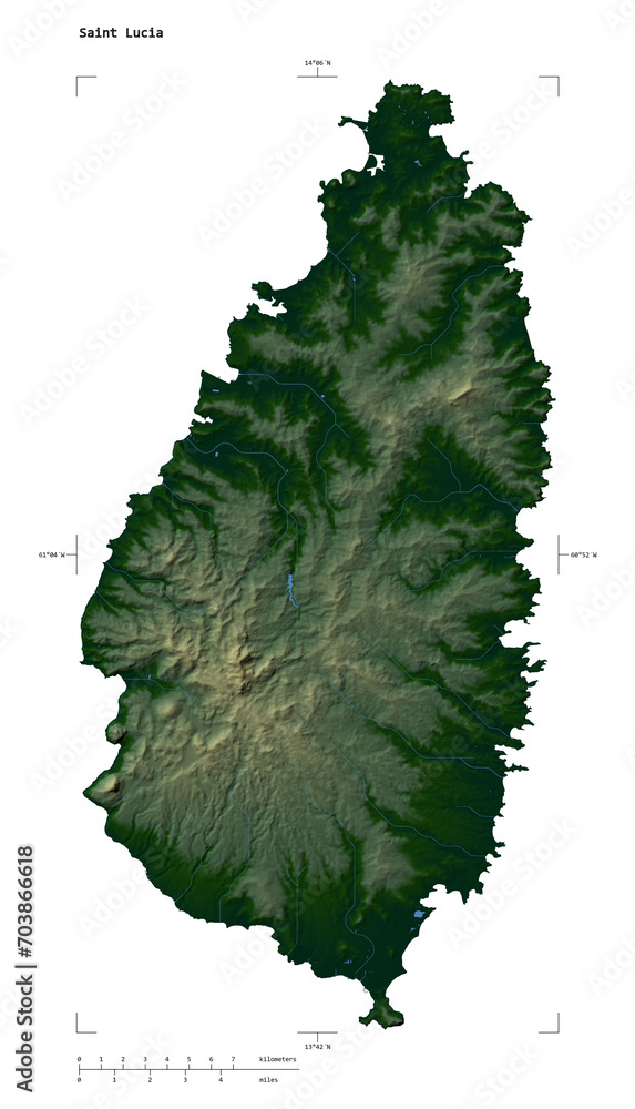 Saint Lucia shape isolated on white. Physical elevation map