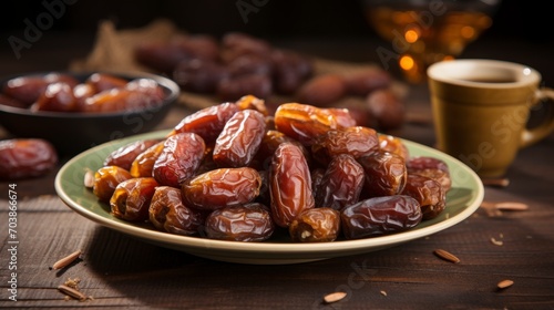 Plate with dried dates for Ramadan. copy space - generative ai