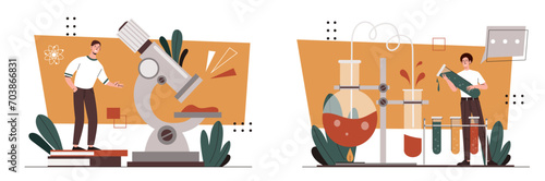 Scientist laboratory set. Two men with magnifyer and flasks with reagents. Chemical research in laboratory. Education and learning. Cartoon flat vector collection isolated on white background