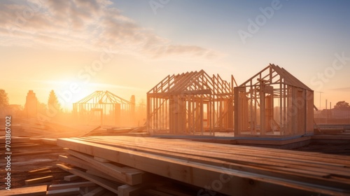 Wooden Framework of New House Construction at Sunset