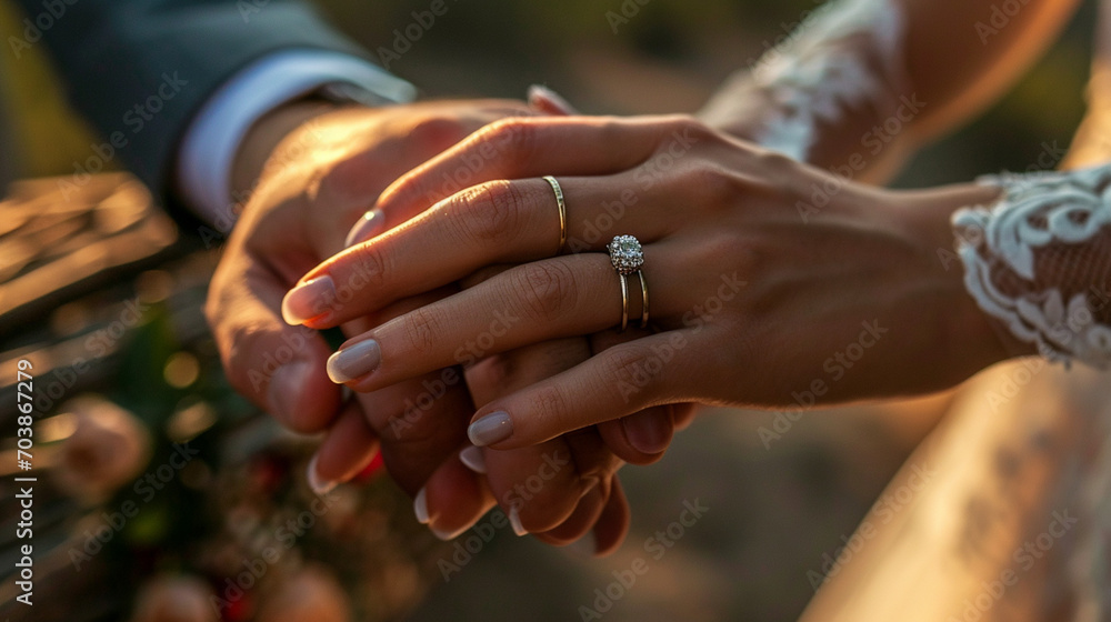 A crystal-clear image of two hands, adorned with wedding rings, delicately holding each other in a gesture of love and commitment, symbolizing the enduring nature of relationships.