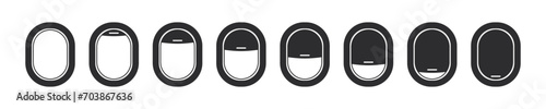 Airplane windows. Set of vector aircraft windows with curtains in different positions. Vector illustration.