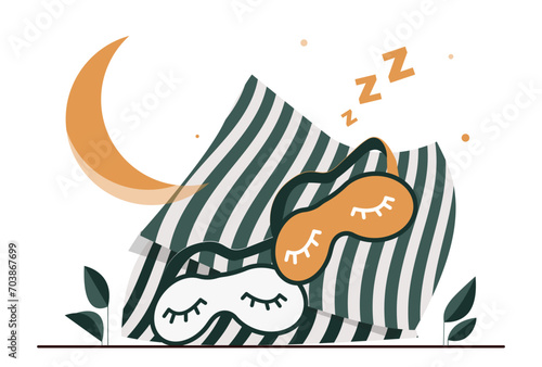Set of items for sleep. Sleeping masks with striped pillow. Dream, rest and relax, recuperation. Graphic element for website. Cartoon flat vector collection isolated on white background