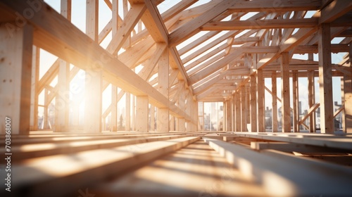 Wooden Framework of New Construction at Sunset photo