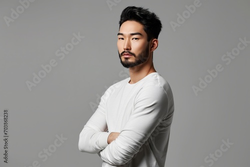 Portrait of young hadsome serious bearded Korean man with crossed arms on the grey background photo