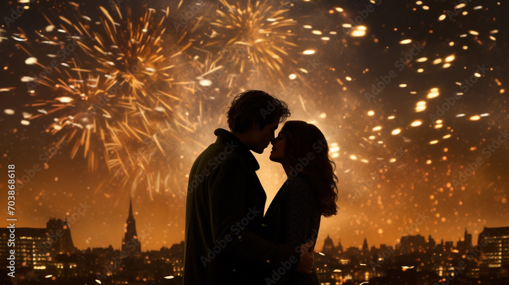 Capture the silhouette of a couple kissing against a backdrop of dazzling New Year's fireworks, creating a romantic and memorable scene.