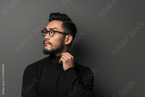 Portrait of young hadsome serious bearded Korean man on the grey background with space for text