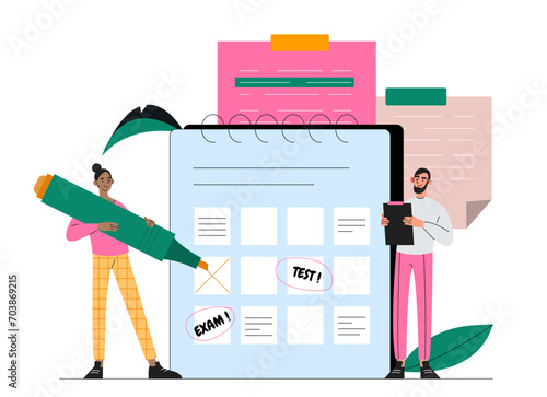 Students studying concept. Man and woman with calendar. Pupils prepare for tests and examinations. Education, learning and training. Cartoon flat vector illustration isolated on white background
