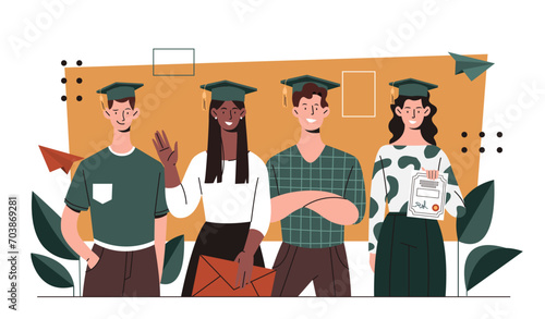 Students university graduates concept. Man and woman with graduate hats and caps. Education, learning and training. Team of bachelors. Pupils at graduation. Cartoon flat vector illustration