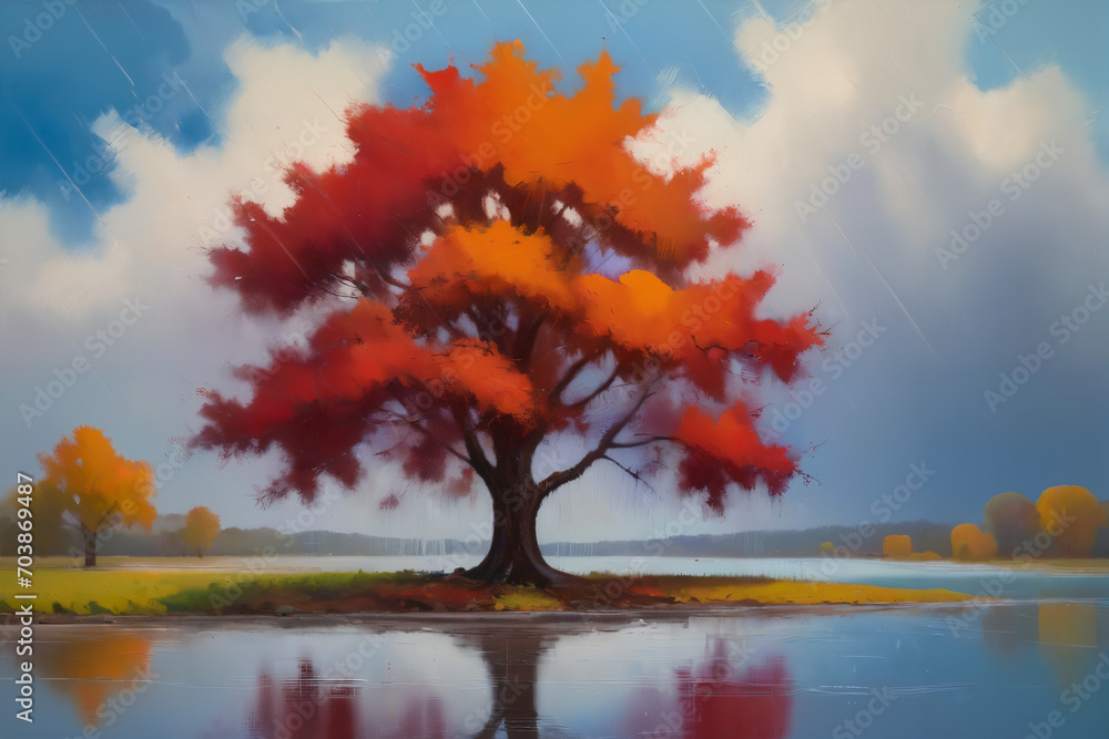 A lone tree stands in the middle of a peaceful lake, its red leaves reflecting in the still water. The scene is a reminder of the beauty of nature, even in the midst of change.