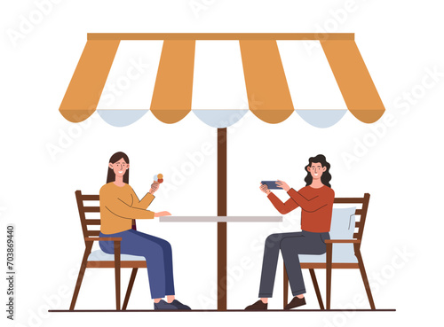 Summer fest street food. Takeaway and fast food. Seller at vendor and store. Two women sitting in cafe with ice cream. Cartoon flat vector illustration isolated on white background