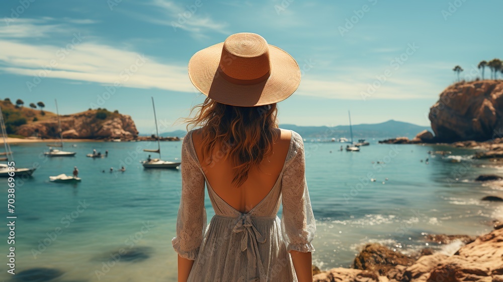 Lady in a straw hat looking at the sea