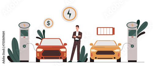 Sustainable transportation concept. Man near car charging station. Eco friendly transport. Care about ecology and environment, nature. Cartoon flat vector illustration isolated on white background