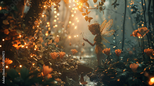 Cupid in a dreamy forest setting, surrounded by enchanting lights and soft focus, creating a magical and ethereal atmosphere. 
