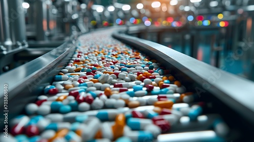 A modern pharmaceutical industry factory with a high-tech conveyor system efficiently processing and packaging various pills and drugs in a sterile environment. photo