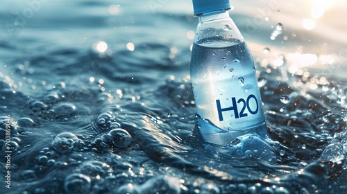 A clear, reusable water bottle filled with fresh water, labeled with the chemical formula H2O to represent a hydration concept, emphasizing the importance of drinking water for health. photo