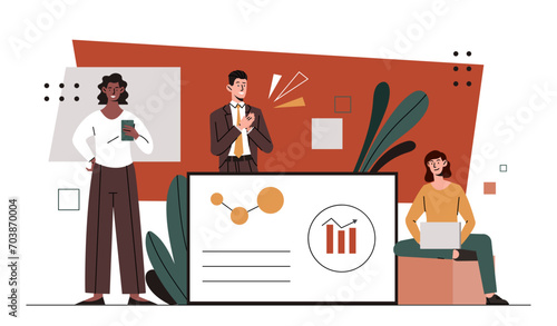 Team of businesspeople. Man and women with statistics. Financial occupation. Analysts conduct marketing research. Workers and employees evaluate graphs and charts. Cartoon flat vector illustration