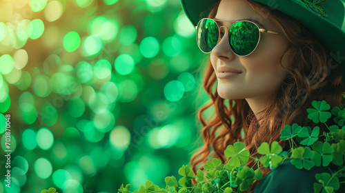 St. Patrick's Day. Beautiful smiling woman wearing green hat. Green background. photo