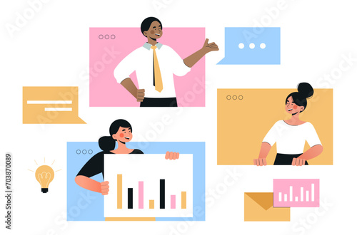 Teamwork online concept. Man and women work at common project. Workers and partners with statistics and infographics. Collaboration and cooperation, brainstorming. Cartoon flat vector illustration
