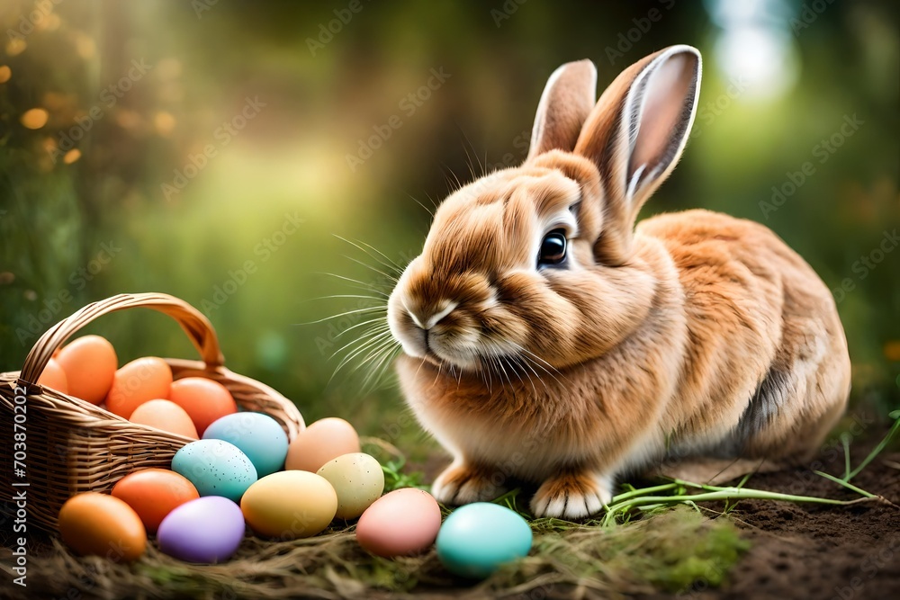 Soft-focus image of a bunny nibbling on a carrot, with a basket filled with pastel-colored eggs beside it.