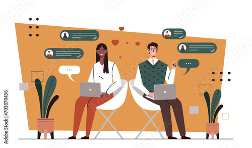Texting message concept. Man and woman with laptop communicate in social networks and messengers. Interaction on internet. Online chatting and dialogue. Cartoon flat vector illustration