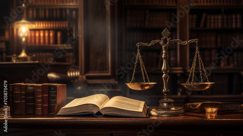 Vintage Legal Books and Scales of Justice in Library photo