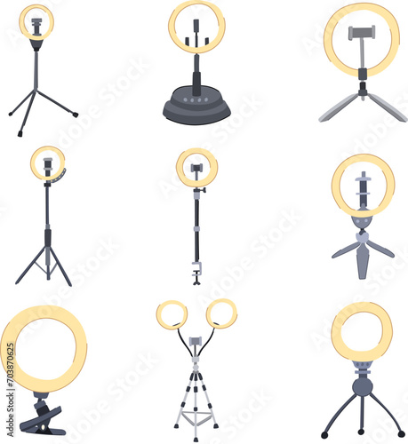 light ring set cartoon. circle tripod, line blue, phone stand light ring sign. isolated symbol vector illustration
