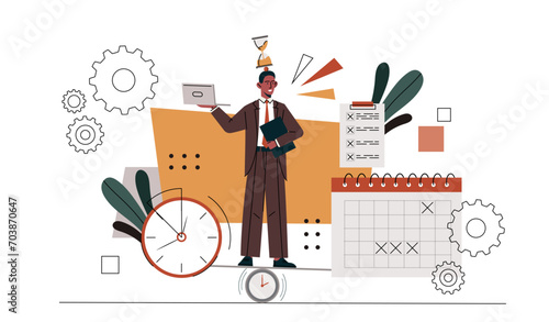 Time management man concept. Planning and scheduling. Businessman with strategy near clocks and calendar. Organizing effective workflow. Cartoon flat vector illustration isolated on white background