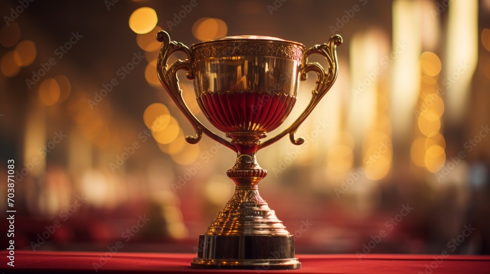 Elegant Gold Trophy Cup on Red Velvet with Glowing Background Elegant Gold Trophy Cup on Red Velvet with Glowing Background