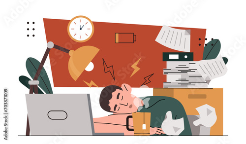 Man tired from work. Young guy sleep at workplace. Overworked employee with emotional burnout. Lazy worker in office with stack of documents and coffee in cup. Cartoon flat vector illustration