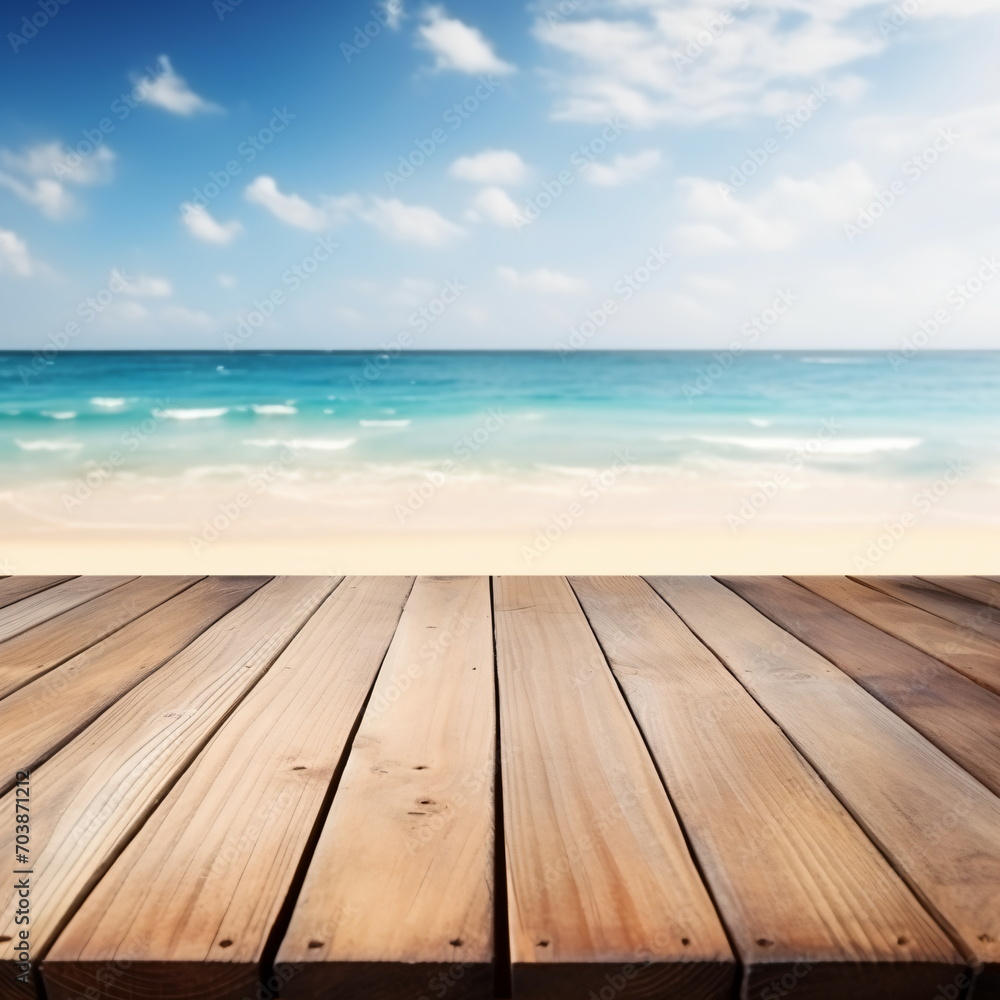 An empty wooden dock overlooking a beach with the ocean in the background,