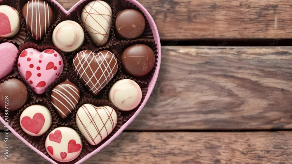 Assorted chocolates in a heart shaped box on a rustic wooden table background, valentines day Assorted chocolates in a heart shaped box on a rustic wooden table background, valentines day