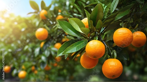 Ripe tangerines on a tree in the orchard.