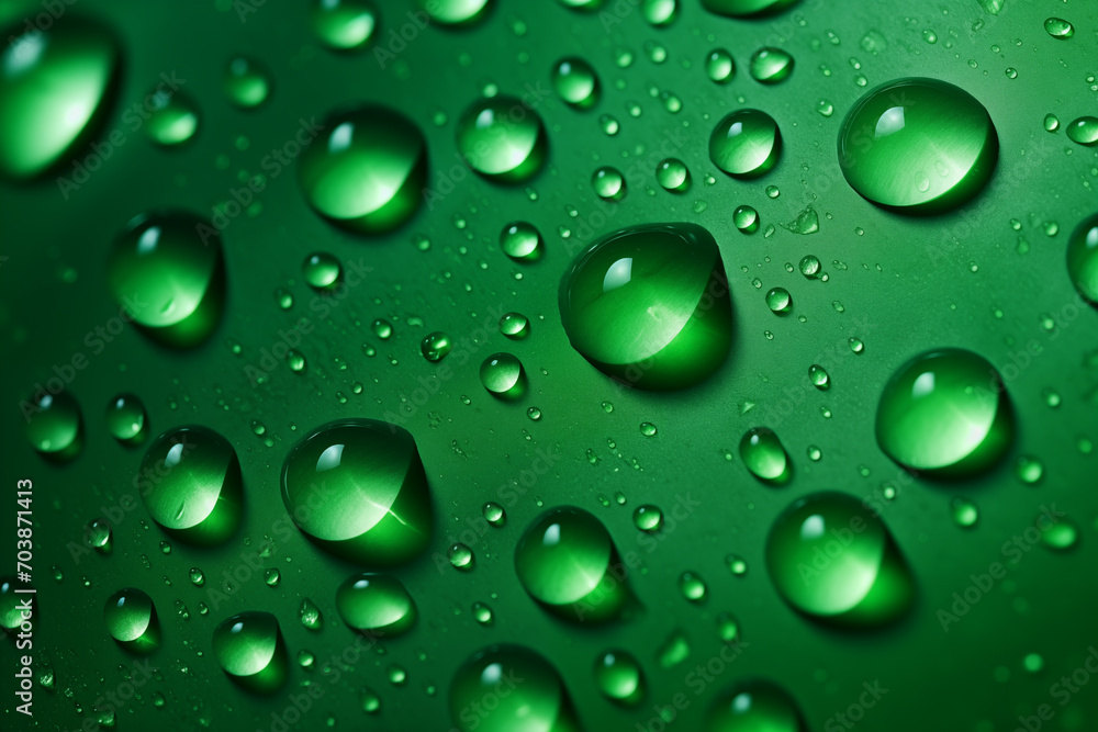 Lots of water droplets resting on the green background.