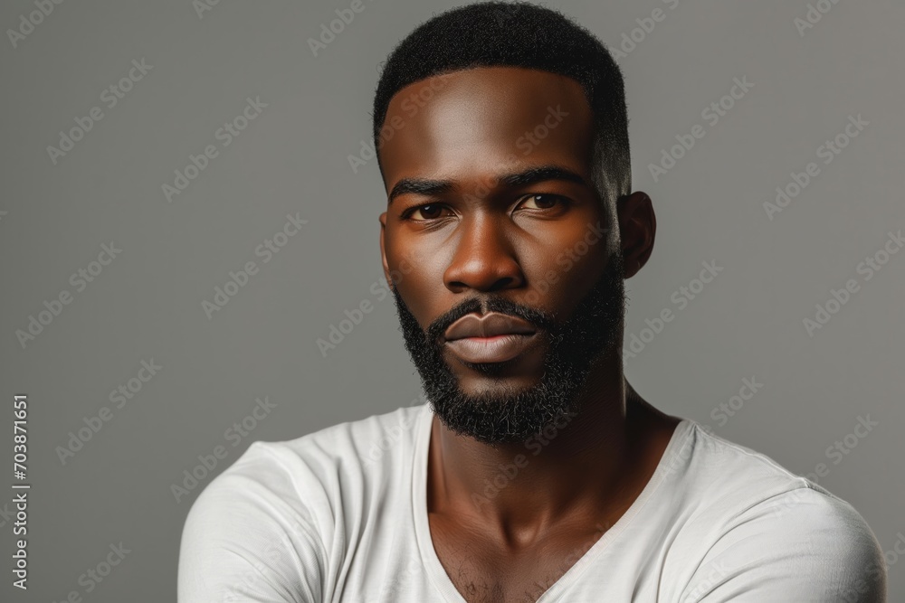 Portrait of young hadsome serious bearded African American man on grey background with copy space Portrait of young hadsome serious bearded African American man on grey background with copy space