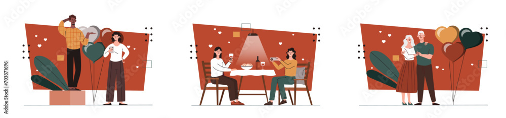 Valentines day set. Men and women at romantic meetings. Young couples and pairs at date. Love, romance and care, support. Cartoon flat vector collection isolated on white background