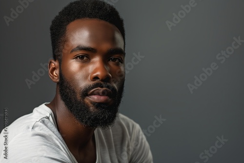 Portrait of young hadsome bearded African American man on grey background with space for text