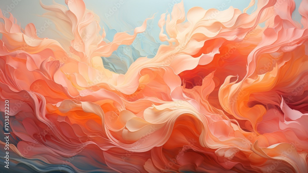 spears of acrylic paint in Peach Fuzz, swirling, wavy. fluid brush strokes. abstract background, backdrop.