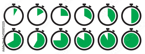 Stopwatch icon set in green color. Stopwatch symbol set.  Collection of timer icon set in green color on white background. Countdown clock stopwatch, timer vector illustation. 